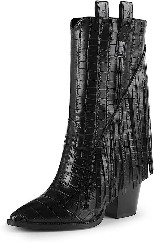 ISNOM Mid Calf Fringe Boots for Women, Cowboy Boots Pointed Toe Cowgirl Western Boot Chunky Stack... | Amazon (US)