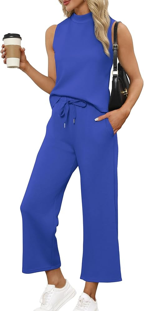 SAMPEEL Two Piece Sets for Women Summer Outfits Lounge Sets Mock Neck Tops Wide Leg Crop Pants Va... | Amazon (US)