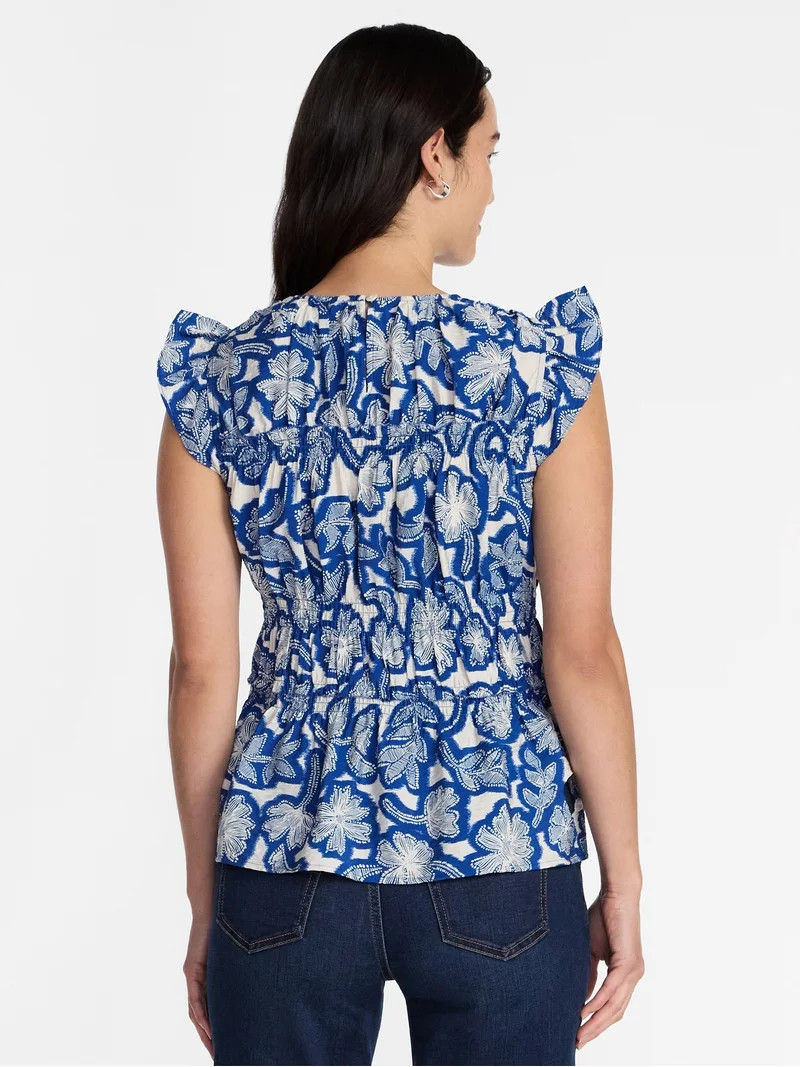 Time and Tru Women's Sleeveless Smocked Top with Ruffle Trim, Sizes XS-XXXL | Walmart (US)