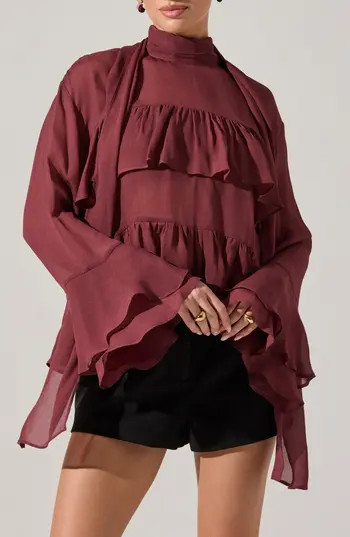 ASTR the Label Fae Ruffle Top in Wine at Nordstrom Rack, Size Large | Nordstrom Rack