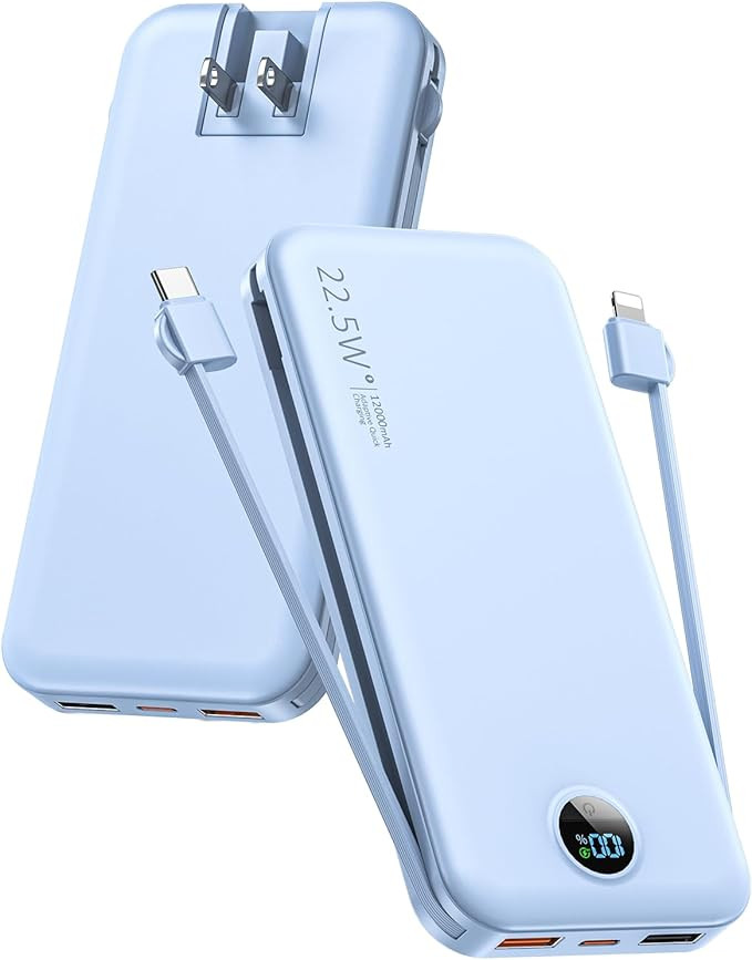 Portable Charger with Built-in Cables and Wall Plug, 12000mAh 22.5W USB C Power Bank Fast Chargin... | Amazon (US)