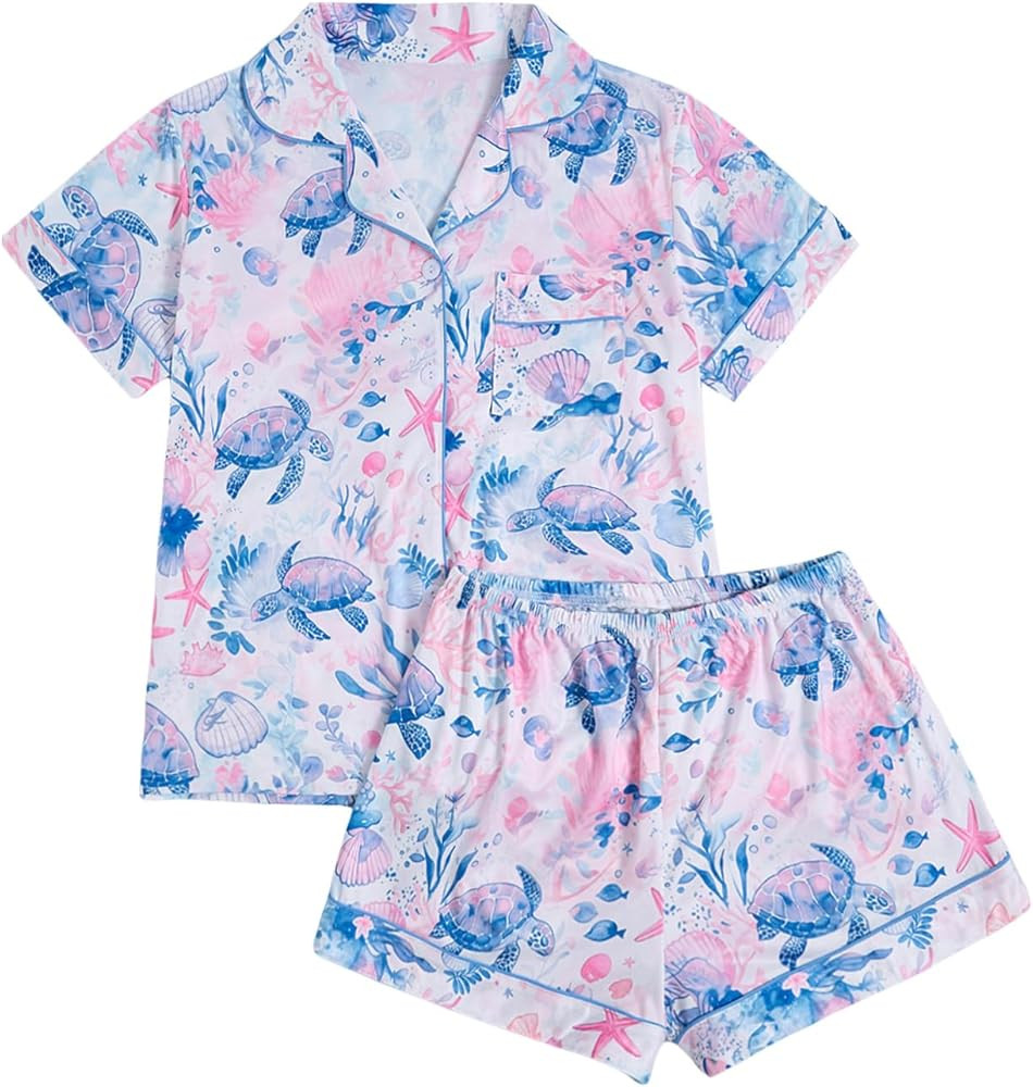 WDIRARA Women's 2 Piece Sea Turtle Graphic Pajama Set Button Down Short Sleeve Shorts Loungewear ... | Amazon (US)