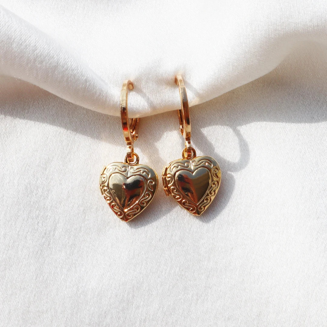 14K Gold Plated "Nostalgia" Heart Locket Huggie Earrings | Etsy (US)