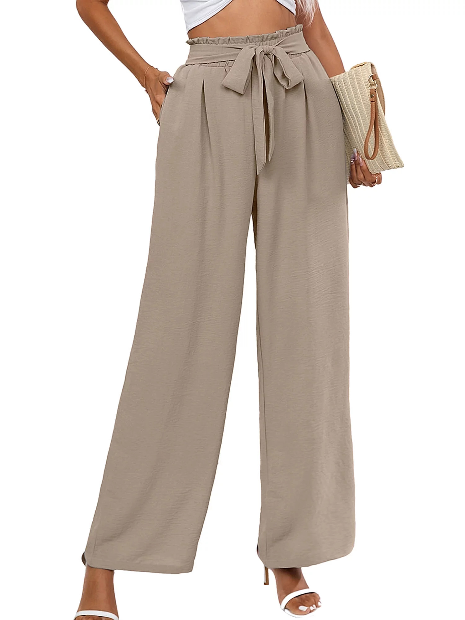 Chiclily Women's Wide Leg Pants with Pockets Lightweight High Waisted Adjustable Tie Knot Loose T... | Walmart (US)