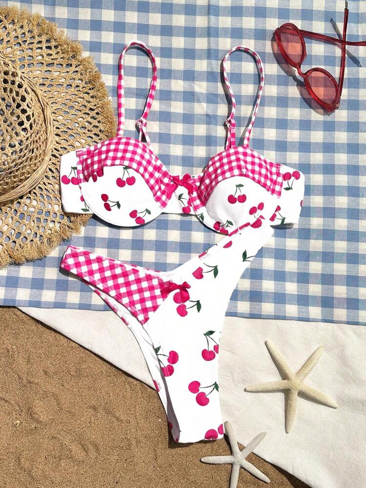 Swim Mod Women's Summer Beach Gingham Cherry Printed Sexy Bikini Set | SHEIN