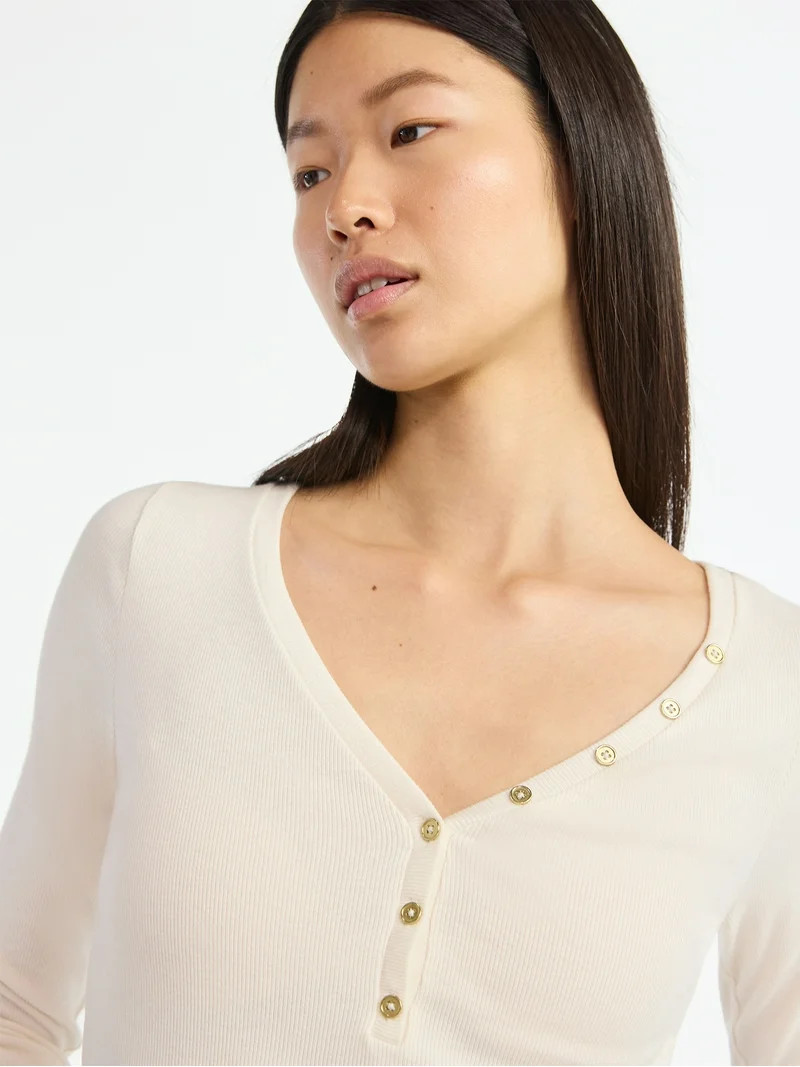 Scoop Women’s Ribbed V Neck Henley Top with Long Sleeves, Sizes XS-XXL | Walmart (US)