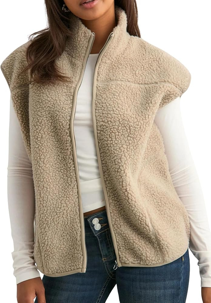Tanming Womens Fuzzy Sherpa Fleece Vest Lightweight Cozy Sleeveless Gilet Zip Up Jacket with Pock... | Amazon (US)