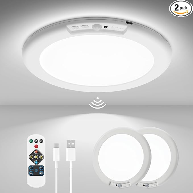 wowatt 2Pcs Battery Operated Ceiling Lights Rechargeable Motion Sensor Light Indoor Wireless Show... | Amazon (US)