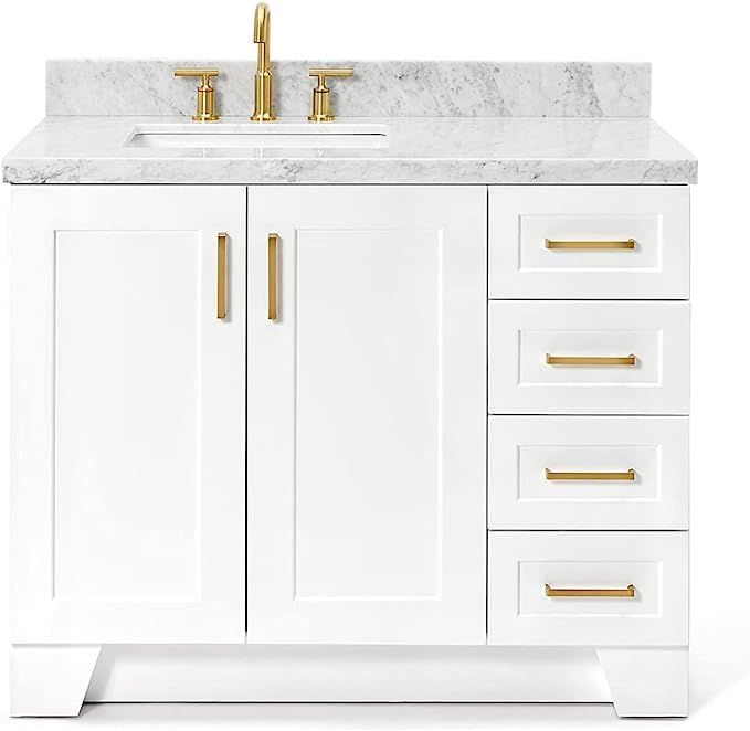 ARIEL 43" Inch White Bathroom Vanity with 1.5" Inch Thick Edge Italian Carrara White Marble Count... | Amazon (US)
