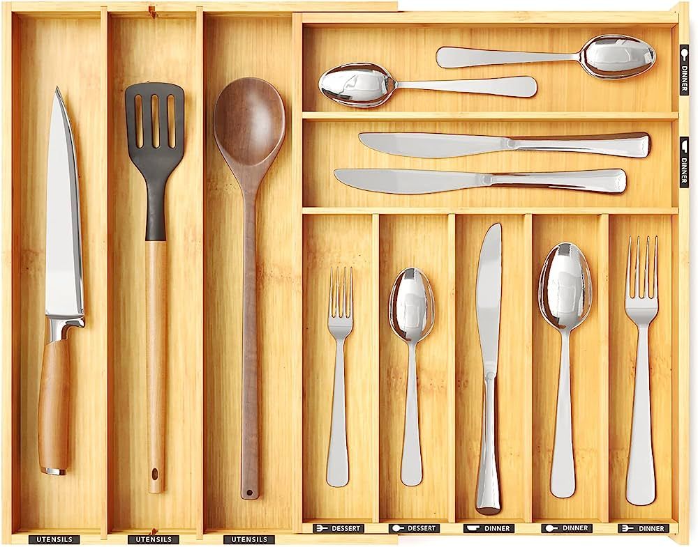 SpaceAid Bamboo Silverware Drawer Organizer with Labels, Kitchen Utensil Expandable Tray Holder O... | Amazon (US)