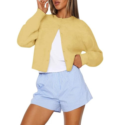 Alljoin Cropped Cardigan for Women Y2K Long Sleeve Solid Knit Sweaters Open Front Button Down Crewneck Sweater Outwear Yellow | Amazon (CA)