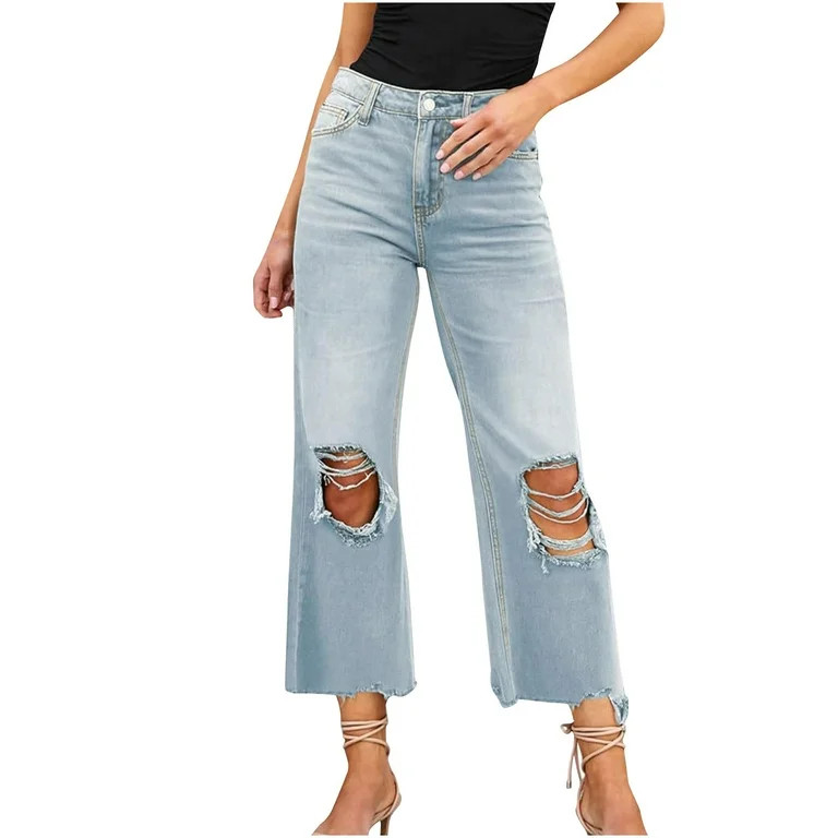 Womens Ripped Jeans High Waist Pockets Raw Hem Casual Y2k Wide Leg Distressed Denim Cropped Pants... | Walmart (US)