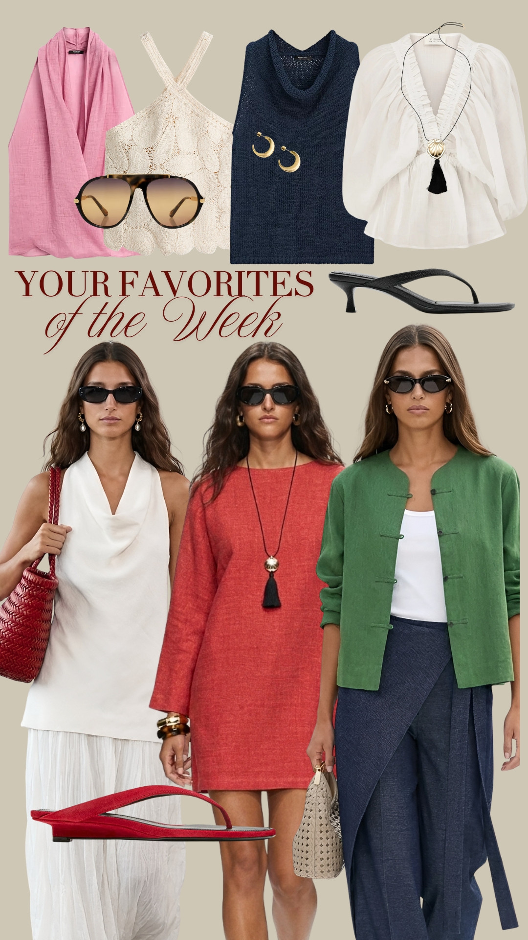 BESTSELLERS OF THE WEEK ✨ Your most loved summer pieces of the week ✨ TAGS: pink halter top, navy knit halter top, crochet halter top, white airy blouse, green linen overshirt Massimo Dutti, aviator sunglasses, strappy sandals, red dress long sleeves Massimo Dutti, white dress Massimo Dutti, red sandals, blue crossover trousers, brown trousers, summer necklace, black strappy kitten heels, golden earrings  

 #LTKootd #LTKSeasonal #LTKWorkwear
