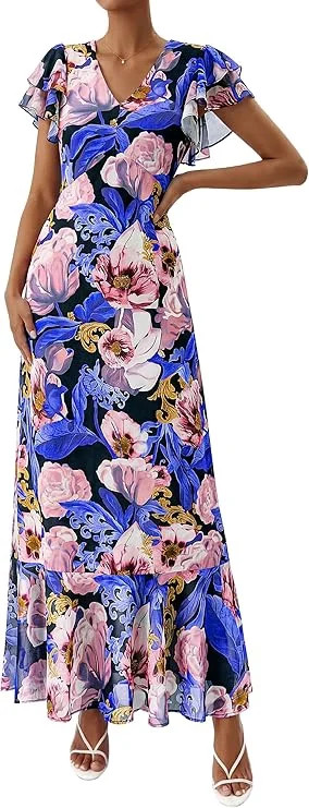 PRETTYGARDEN Womens Summer Floral Maxi Dresses Spring Short Sleeve Ruffle V Neck Flowy Boho Long ... | Walmart (US)