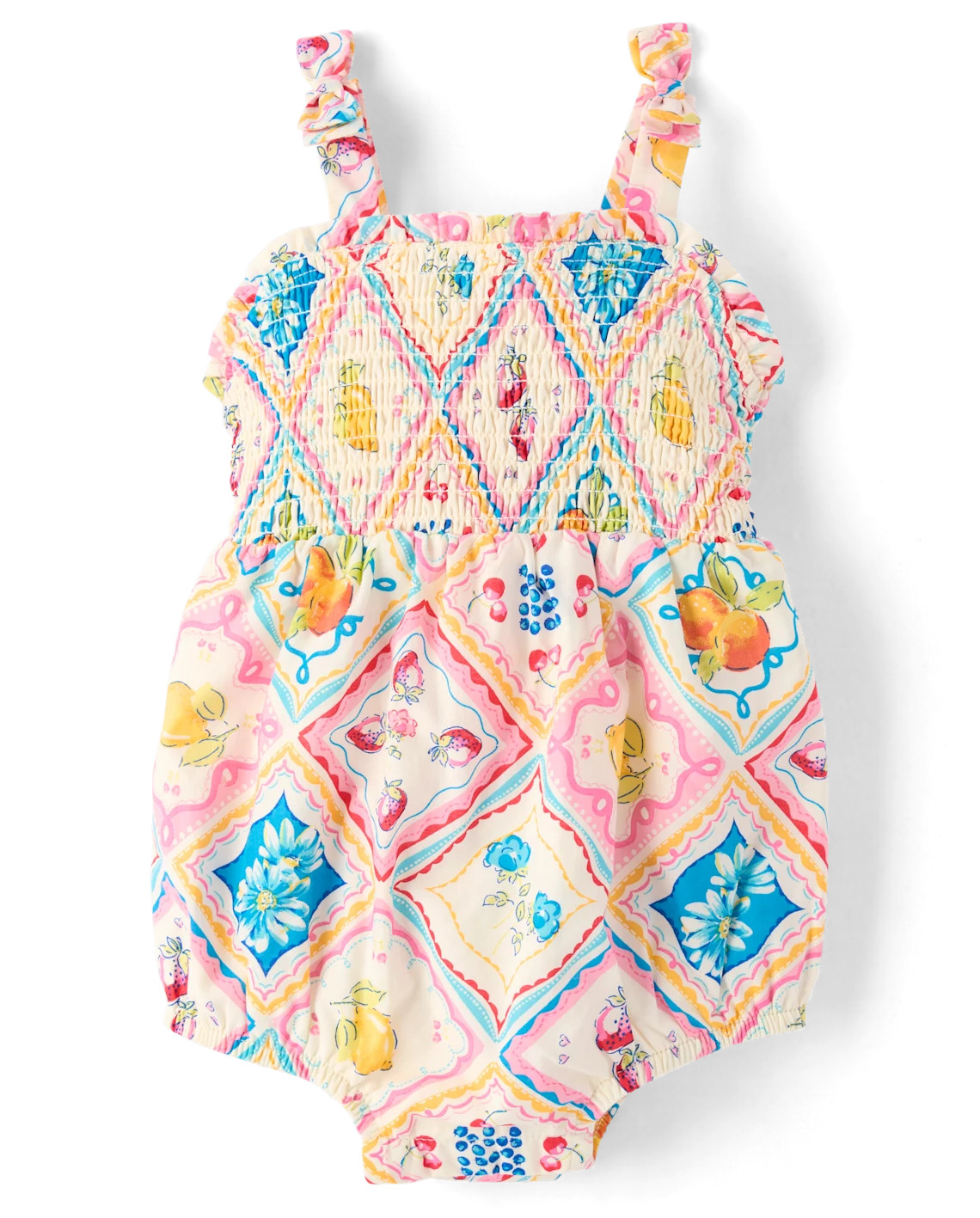 Baby Girls Sleeveless Tile Bow Shoulder Bubble Romper - Amalfi Coast - WHITE | Gymboree | Gymboree