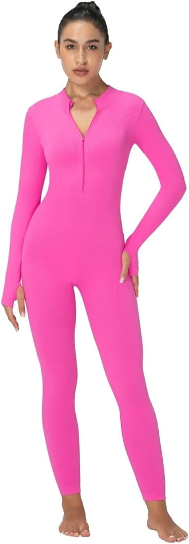 Sunzel Long Sleeve Jumpsuits for Women, Ribbed One Piece Casual Yoga Workout Zip Front Bodycon, L... | Amazon (US)