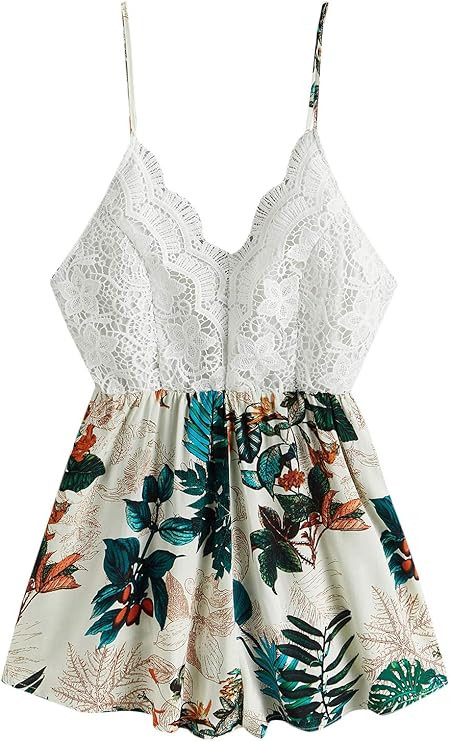 SheIn Women's Boho Crochet V Neck Halter Backless Floral Lace Romper Jumpsuit | Amazon (US)