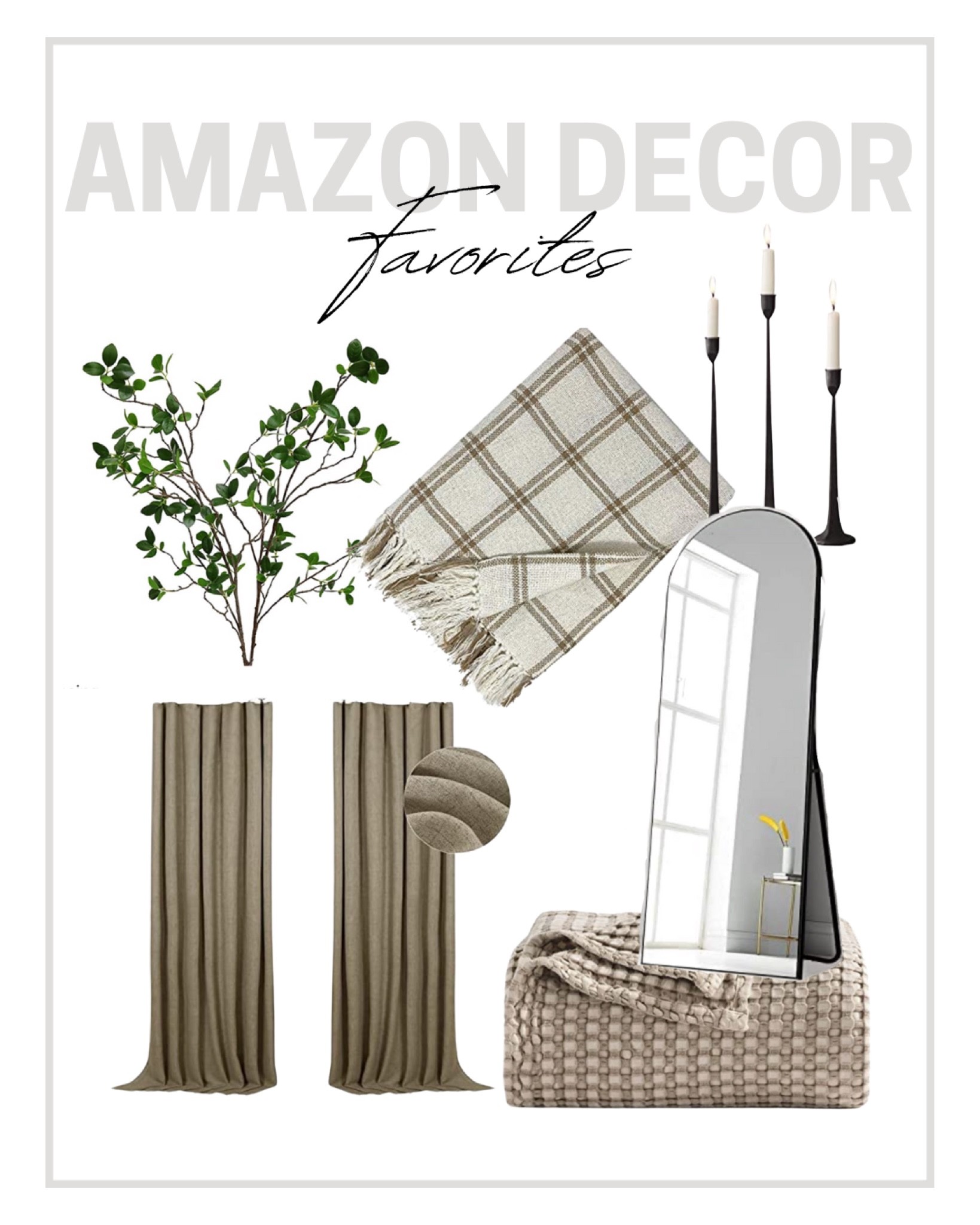 Amazon Decor Favorites! Amazon, Amazon Home, Amazon home decor, home decor, curtains, pottery barn dupe, greenery, faux greenery, floral stems, blanket, plaid blanket, throw blanket, candle holders, candle, candle stick, metal candle stick, full length mirror, mirror, full body mirror, free standing mirror, modern mirror, waffle blanket, blanket, modern home, home style, home decor finds, Amazon decor

#LTKSeasonal #LTKhome #LTKunder100