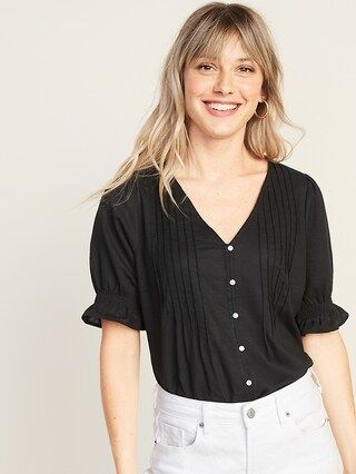 Pintucked V-Neck Button-Front Linen-Blend Blouse for Women | Old Navy US