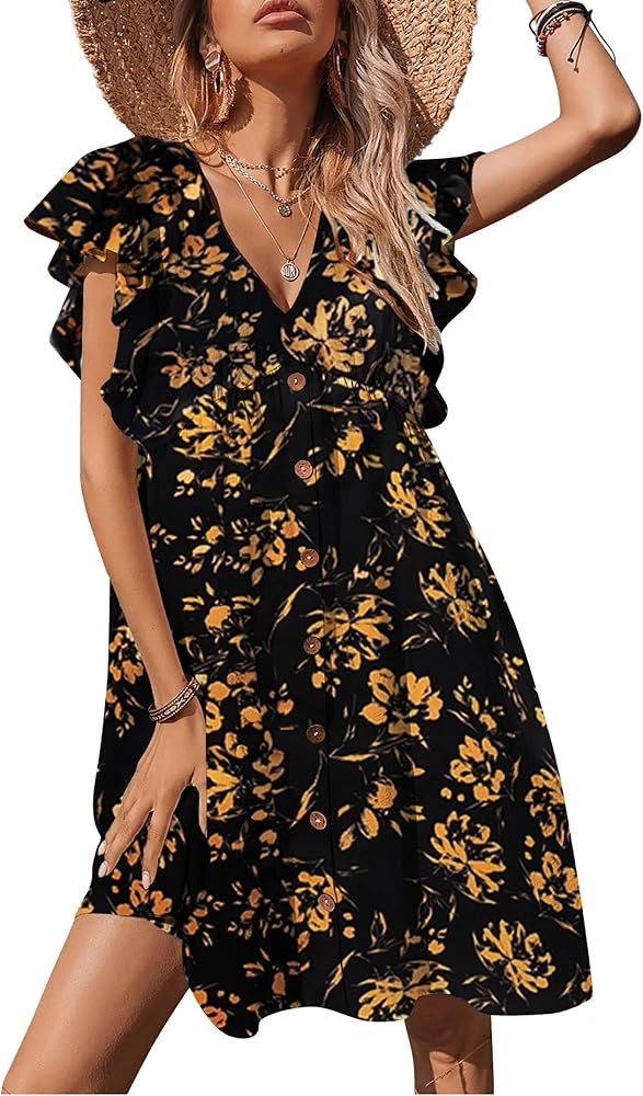 KOJOOIN Women's Ruffle Babydoll Dress Long/Short Sleeve V Neck High Waist Botton Casual Loose Flo... | Amazon (US)