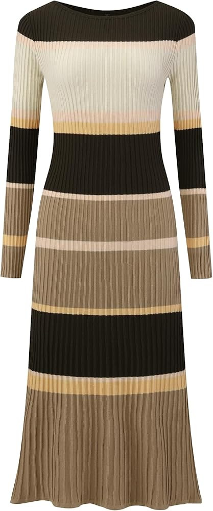 Women's Striped Sweater Dress Long Sleeve Casual Work Ribbed Knit Bodycon Dresses | Amazon (US)