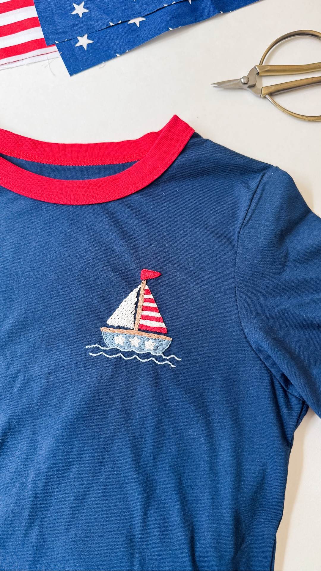 Embroidered Sailboat for a little boy - DIY embroidery project - cute patriotic shirt for the 4th of July