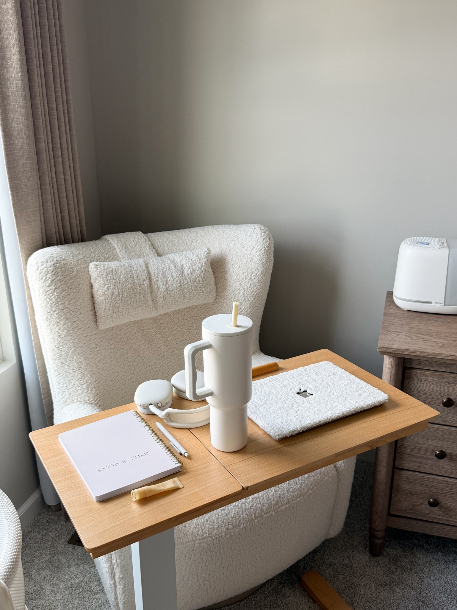 My favorite cozy corner for slow mornings and getting things done 🤍 Shop this adjustable laptop table, boucle accent chair, wood nightstand, humidifier, laptop case, headphones, notebook, and neutral bedroom decor. A functional small-space setup perfect for working from home, journaling, reading, or creating a calm everyday routine. #cozyhome #bedroomideas #workfromhome #neutraldecor #ltkhome

#LTKHome