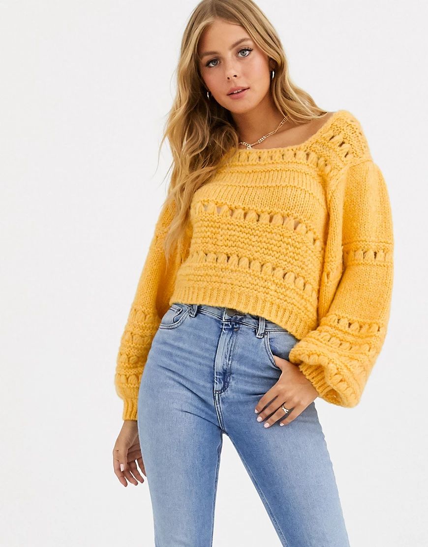 ASOS DESIGN stitch detail square neck sweater with volume sleeve-Yellow | ASOS (Global)