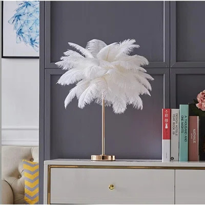 Elegant Ostrich Feather Lamp With 3-Color Temperature Modes, 40 Hand-Woven Feathers, And Golden Base, Perfect For Bedside Or Room Decor | Wayfair North America