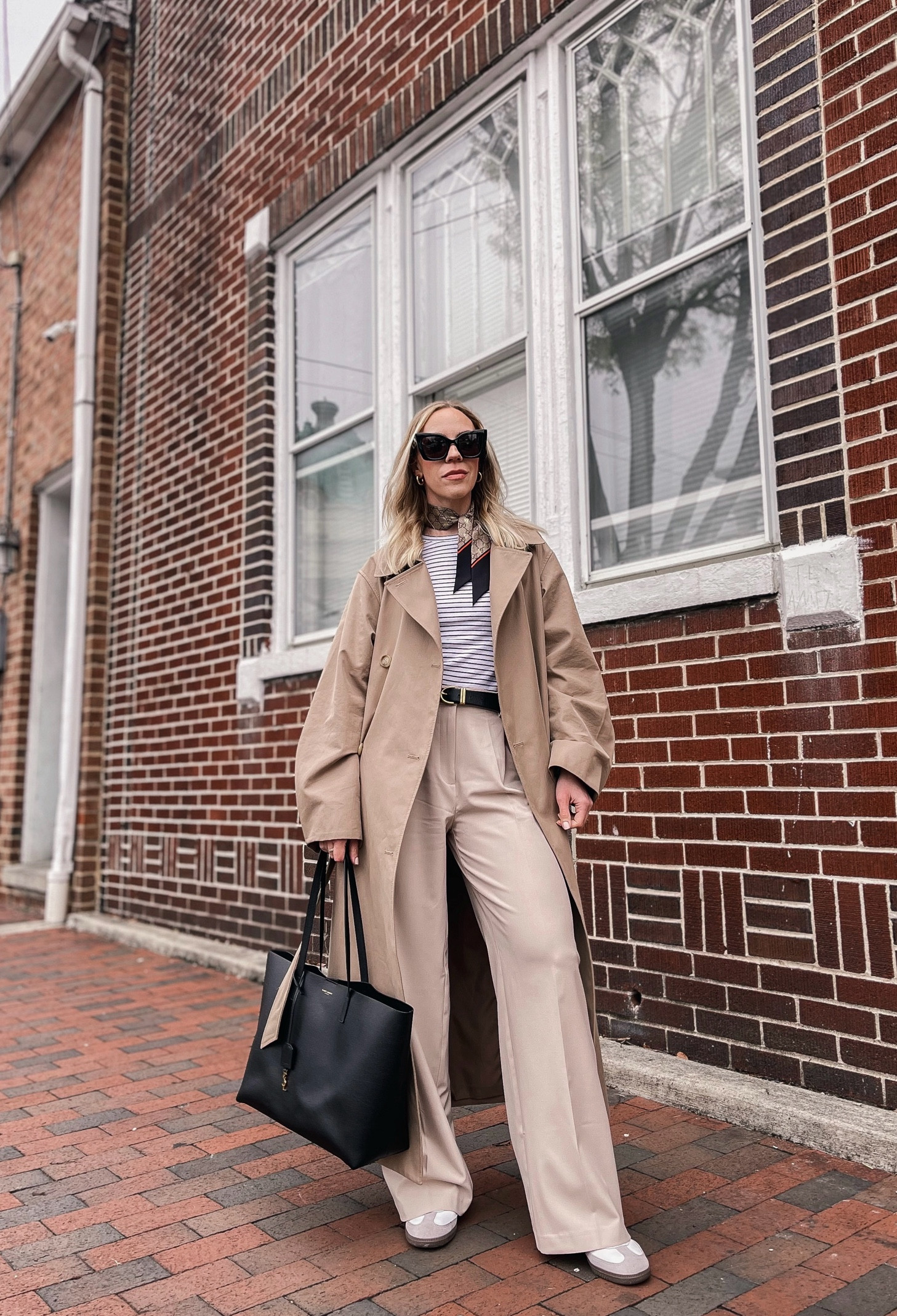 Trench coat, spring work wear outfit, wide leg trousers, silk scarf, Adidas Samba sneakers, YSL tote bag 

#LTKshoecrush #LTKworkwear #LTKitbag