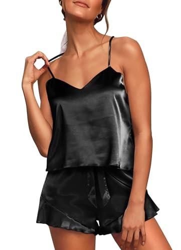 Aamikast Womens Silk Satin Pajama Sets Sexy Cami Ruffled Shorts Sets 2 Piece Pjs Sleepwear (X-Small,Black) | Amazon (US)