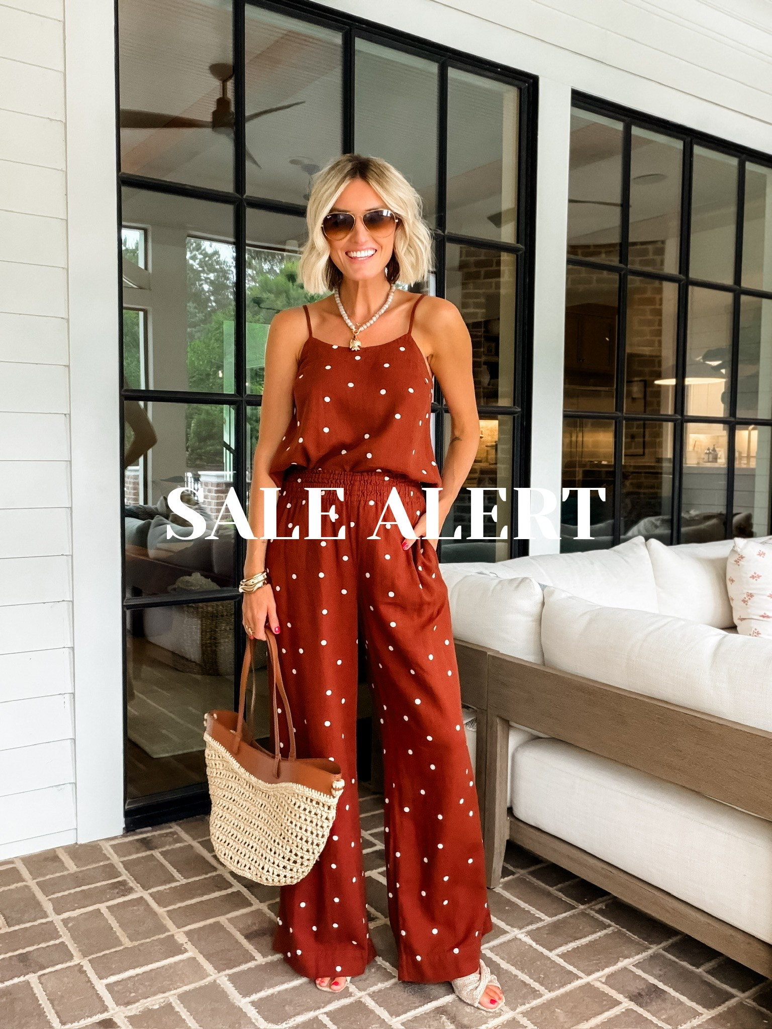 A very chic and affordable set- plus the top is on sale now! Gives very European vacation vibes. Wearing XS top and S bottoms!

Loverly grey, Target fashion finds, polka dot brown pants set, raffia tote, how to style polka dot top pants, affordable women’s fashion under 40

#LTKSeasonal #LTKSaleAlert #LTKootd
