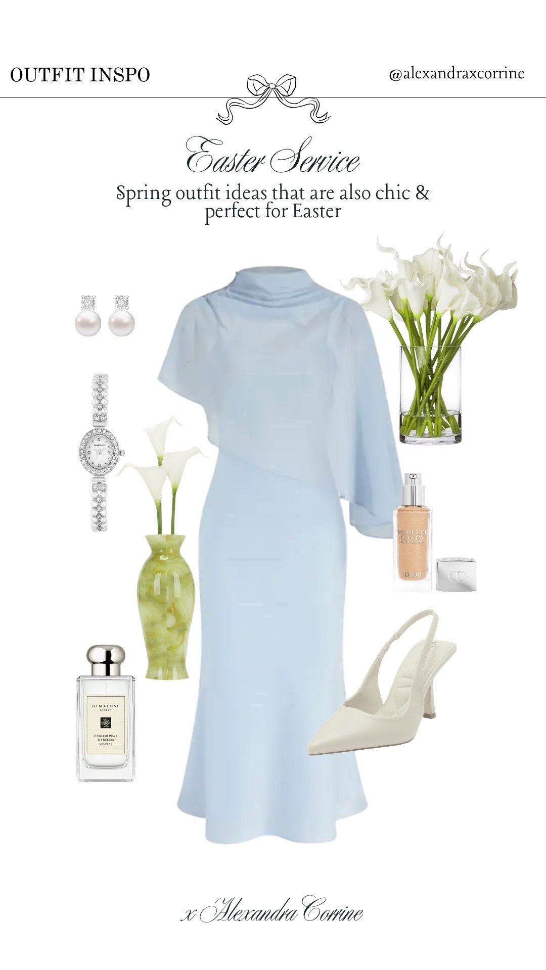 Easter service 🕯️ spring outfit ideas that are also chic & perfect for Easter 🤍

Spring outfit inspo, outfit ideas, Easter outfit of the day, ootd, Easter holiday, Easter dresses, cape dress, lilies, cult Gaia, silver, pearls, light blue 

#LTKootd #LTKSeasonal