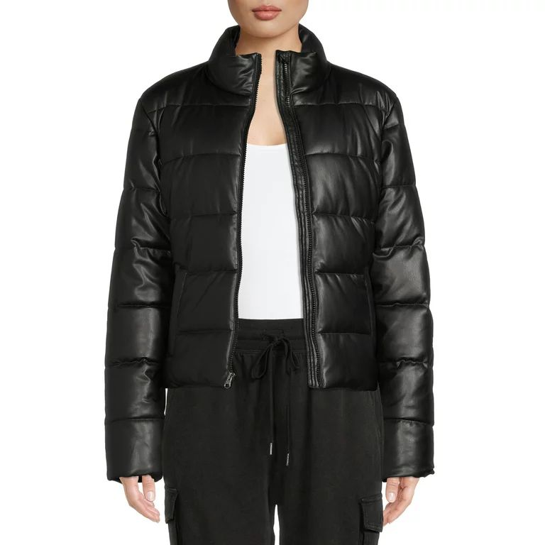 Time and Tru Women's Faux Leather Cropped Puffer Jacket | Walmart (US)