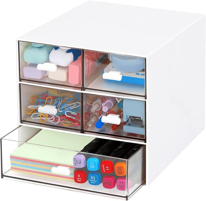 Desk Organizer with 5 Drawers, Rectangular Office Stationery Supplies Desktop Drawers, Plastic Ma... | Amazon (US)