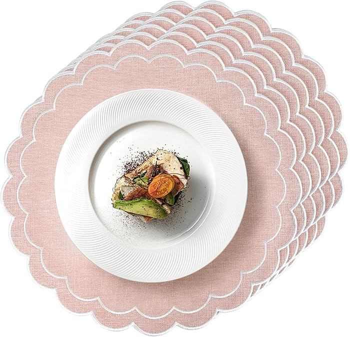 Set of 6 Cotton Linen Placemats, 15 Inch Scalloped Flower Embroidery Cloth Table Mats Double Laye... | Amazon (US)