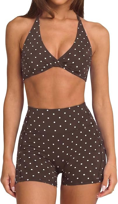 SUUKSESS Women 2 Piece Workout Sets Twist V Neck Sports Bra Yoga Gym Biker Short | Amazon (US)