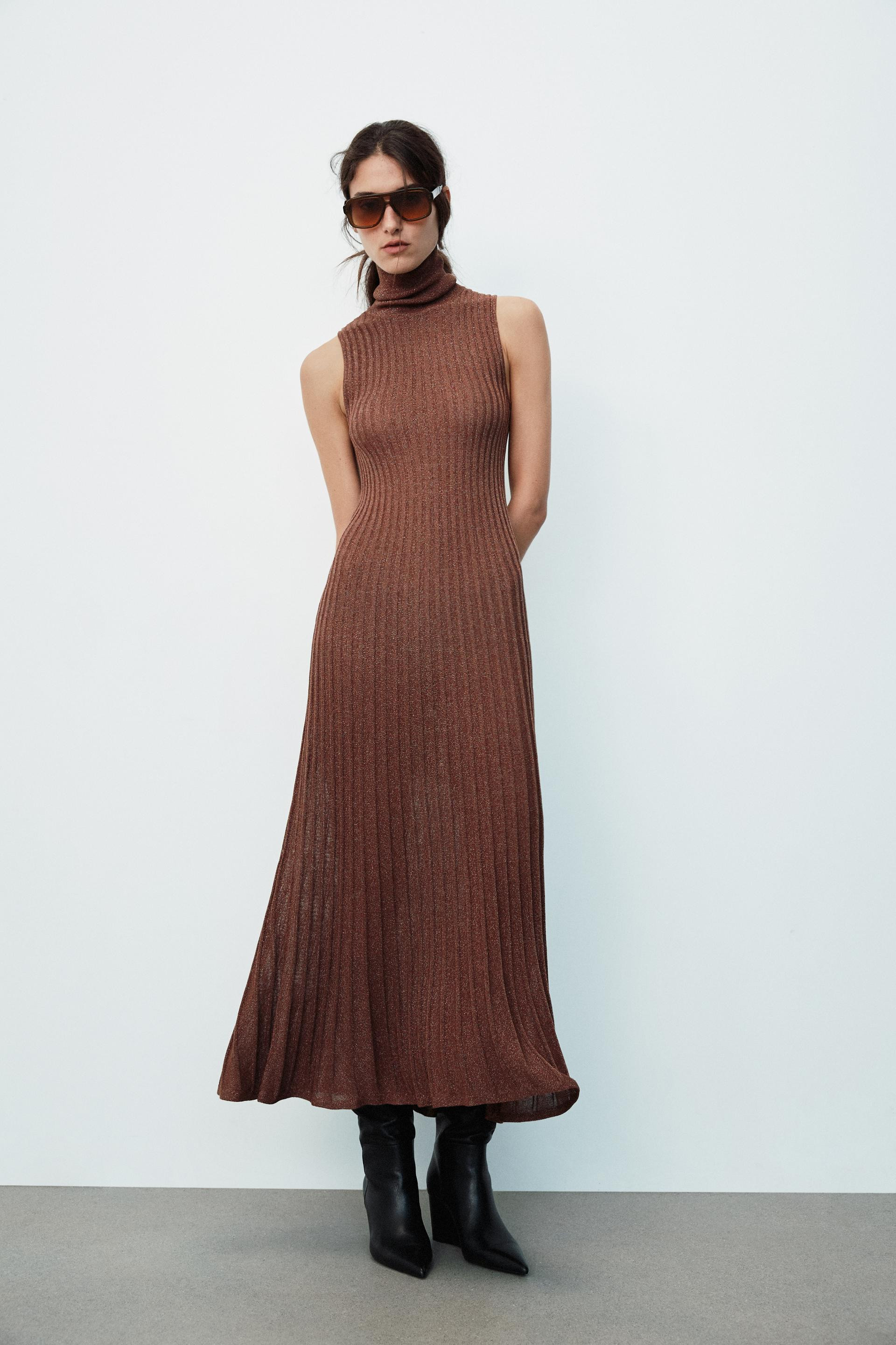 Zara - Metallic Yarn Ribbed Maxi Dress - Golden - L - Woman | Zara US