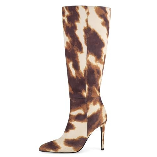 Vecipatcare Cow Print Knee-High Boots Pointed Toe Heeled Stiletto Fashion with Side Zipper Tall Boot Brown Size12 | Amazon (US)