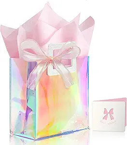 KeerxunBag 1 Pack Holographic Gift Bags with Handles & 2 Tissue Paper Sheets – Iridescent Trans... | Amazon (US)