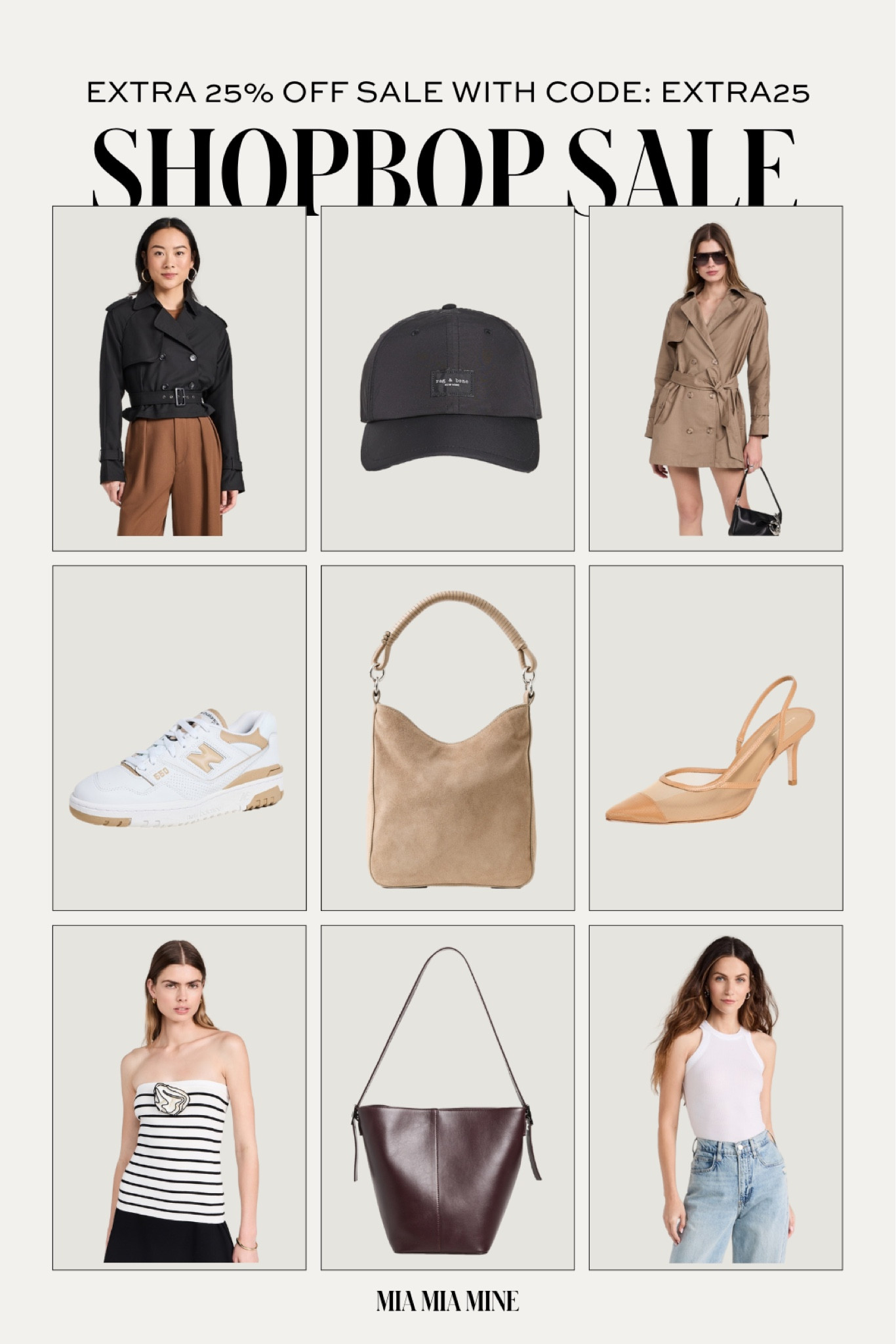 Shopbop sale picks - save an extra 25% off sale with code EXTRA25
Trench coats on sale
Suede handbag on sale
New balance sneakers on sale 

#LTKSaleAlert #LTKFindsUnder100 #LTKSeasonal