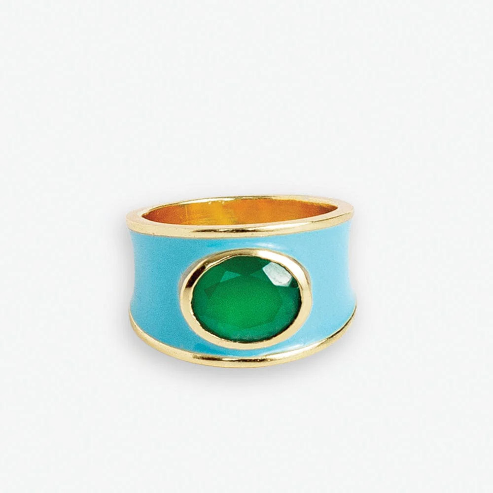 Hazel Oval Stone With Enamel Band Ring Light Blue/Green- Size 7 | INK+ALLOY