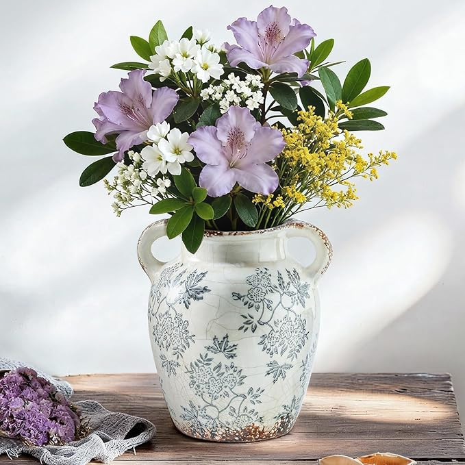 Enra Vintage vase with Handle,Blue and White Ceramic Decorative Flower vase, Chinoiserie Floral V... | Amazon (US)