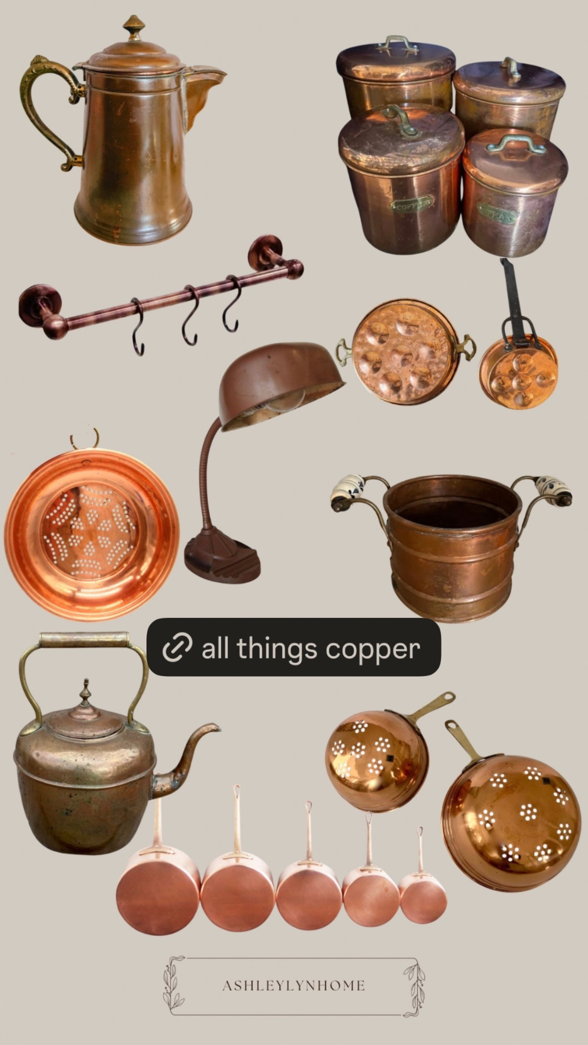 Antique copper, pots, teapot, hooks, lamp, pan

#LTKHome
