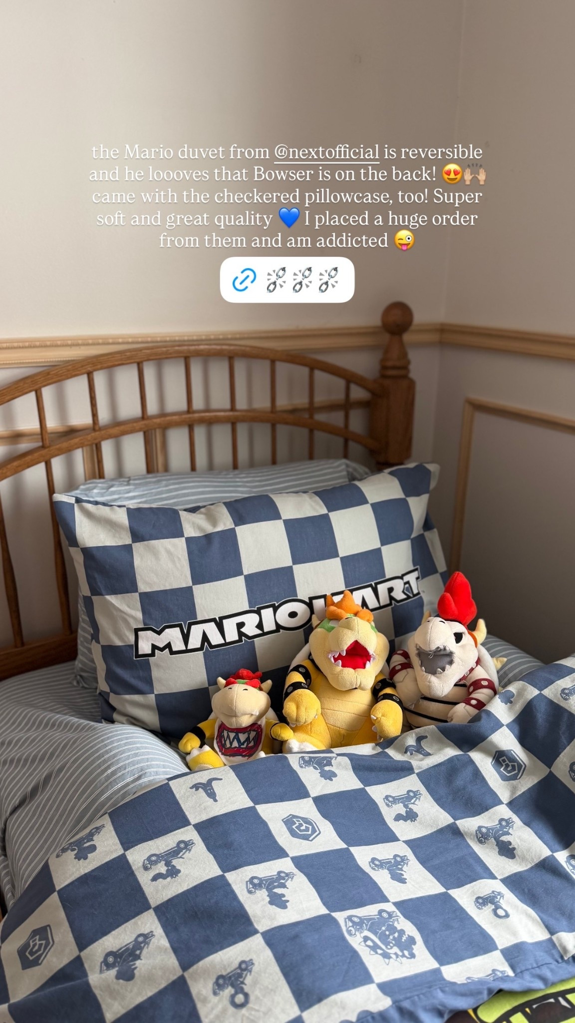 the Mario duvet from @nextofficial is reversible and he loooves that Bowser is on the back! 😍🙌🏼 came with the checkered pillowcase, too! Super soft and great quality 💙 I placed a huge order from them and am addicted 😜