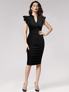 Knitee Women's Vintage Ruffle Sleeve V-Neck Bodycon Evening Party Cocktail Pencil Sheath Dress | Amazon (US)