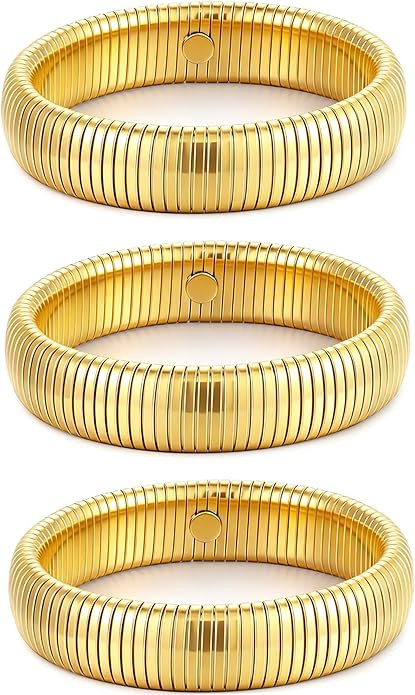Gold Bangles for Women Set of 3 Chunky Stretch Bangles Bracelets 24K Gold Plated Stainless Steel ... | Amazon (US)