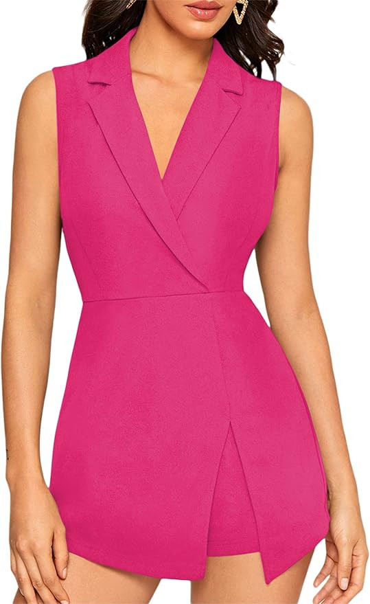 SheIn Women's Notch Collar Sleeveless Blazer Jumpsuit Wrap Solid Short Skort Romper | Amazon (US)