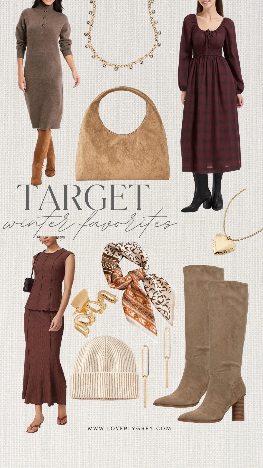 Target winter favorites! I am loving the tall boots, brown dress, and locket. The floral scarf is also a great way to add color to any winter outfit! 

#LTKSeasonal #LTKFindsUnder100 #LTKFindsUnder50