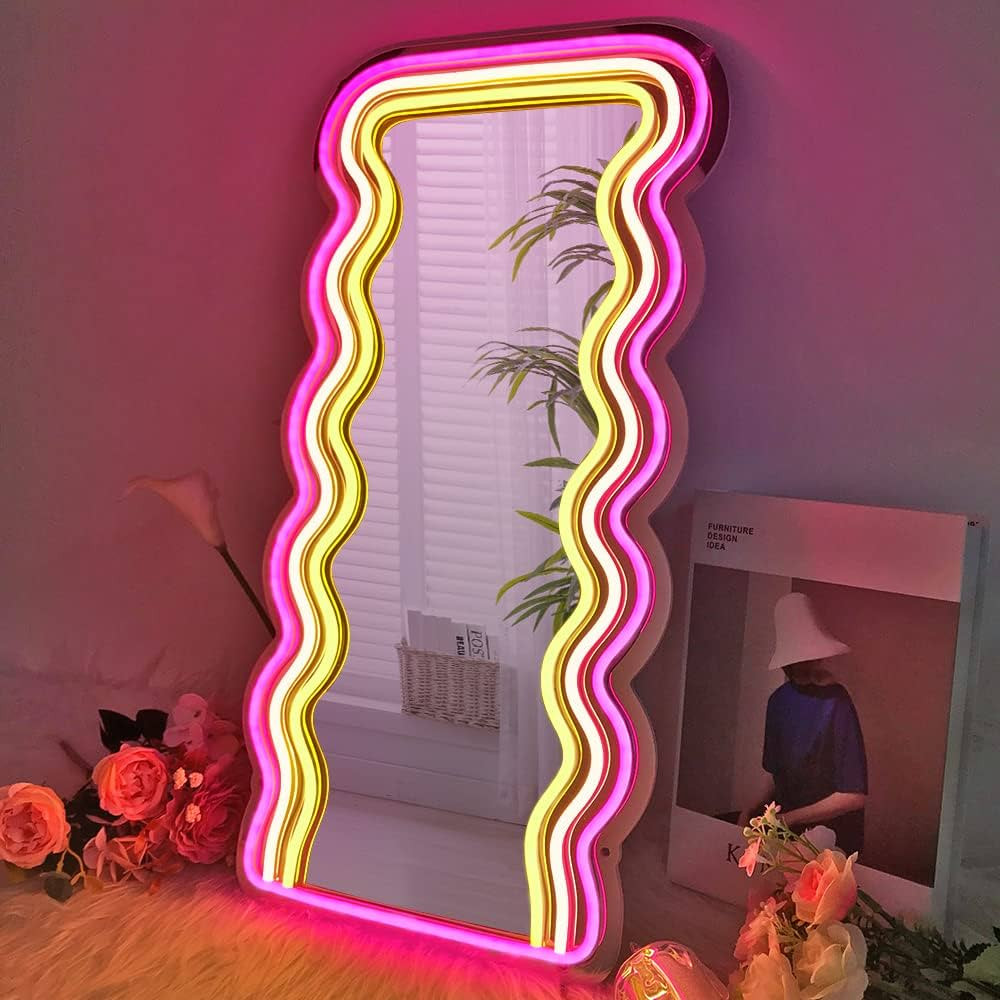 Wavy Mirror Neon Signs for Wall Decor, 21.3"x 10.6" Wall Mounted Irregular Decorative Mirrors wit... | Amazon (US)